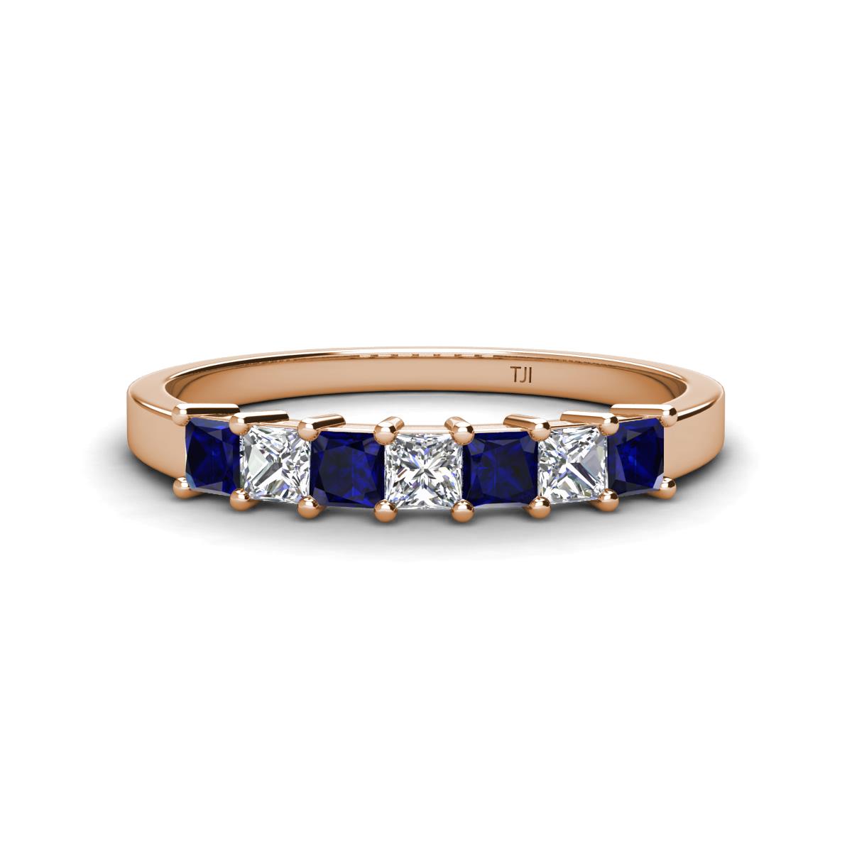 Erica 3.00 mm Princess Cut Blue Sapphire and Diamond 7 Stone Wedding Band 