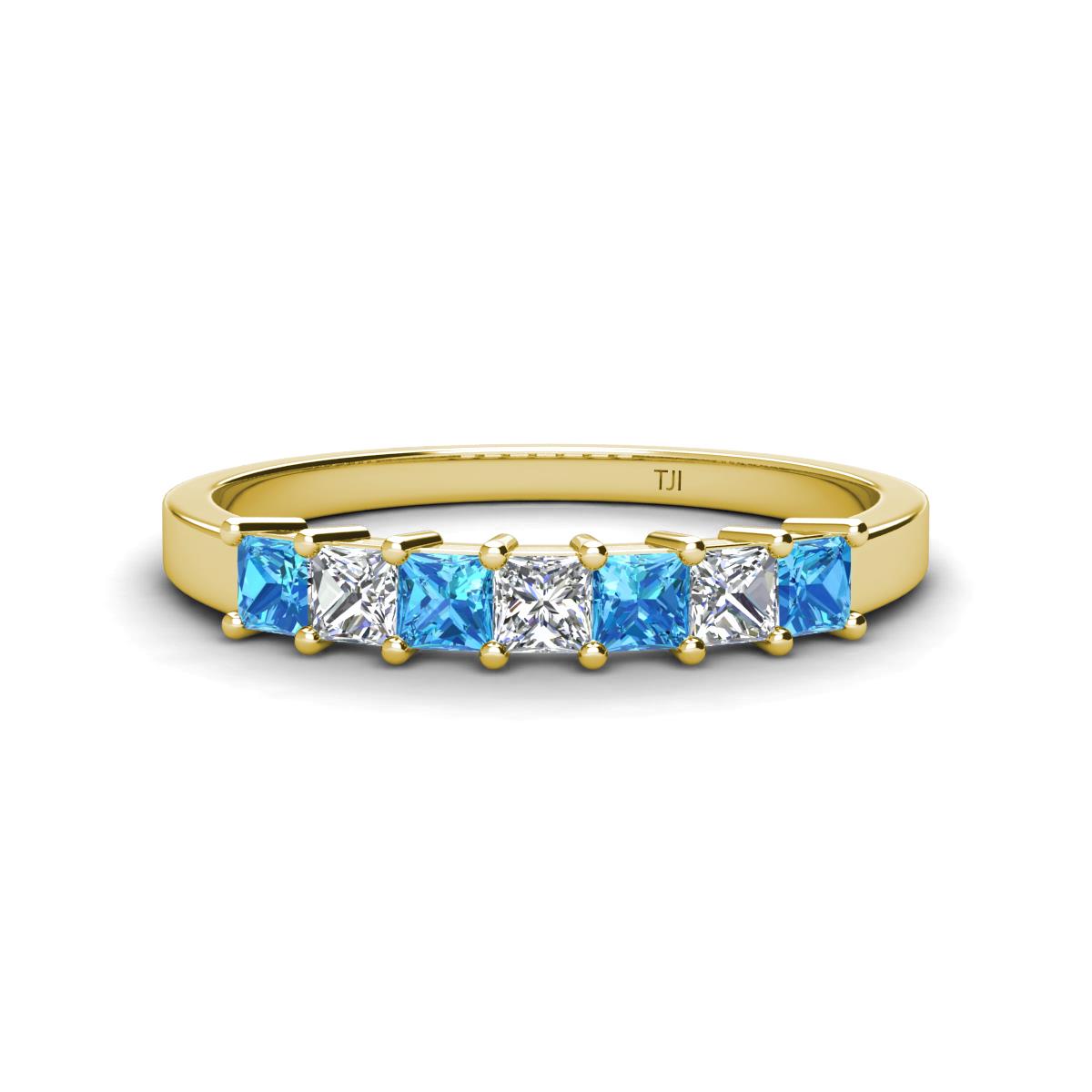 Erica 3.00 mm Princess Cut Blue Topaz and Diamond 7 Stone Wedding Band 