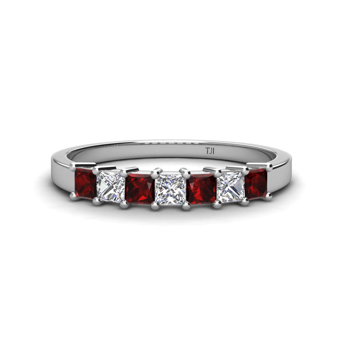 Erica 3.00 mm Princess Cut Red Garnet and Diamond 7 Stone Wedding Band 