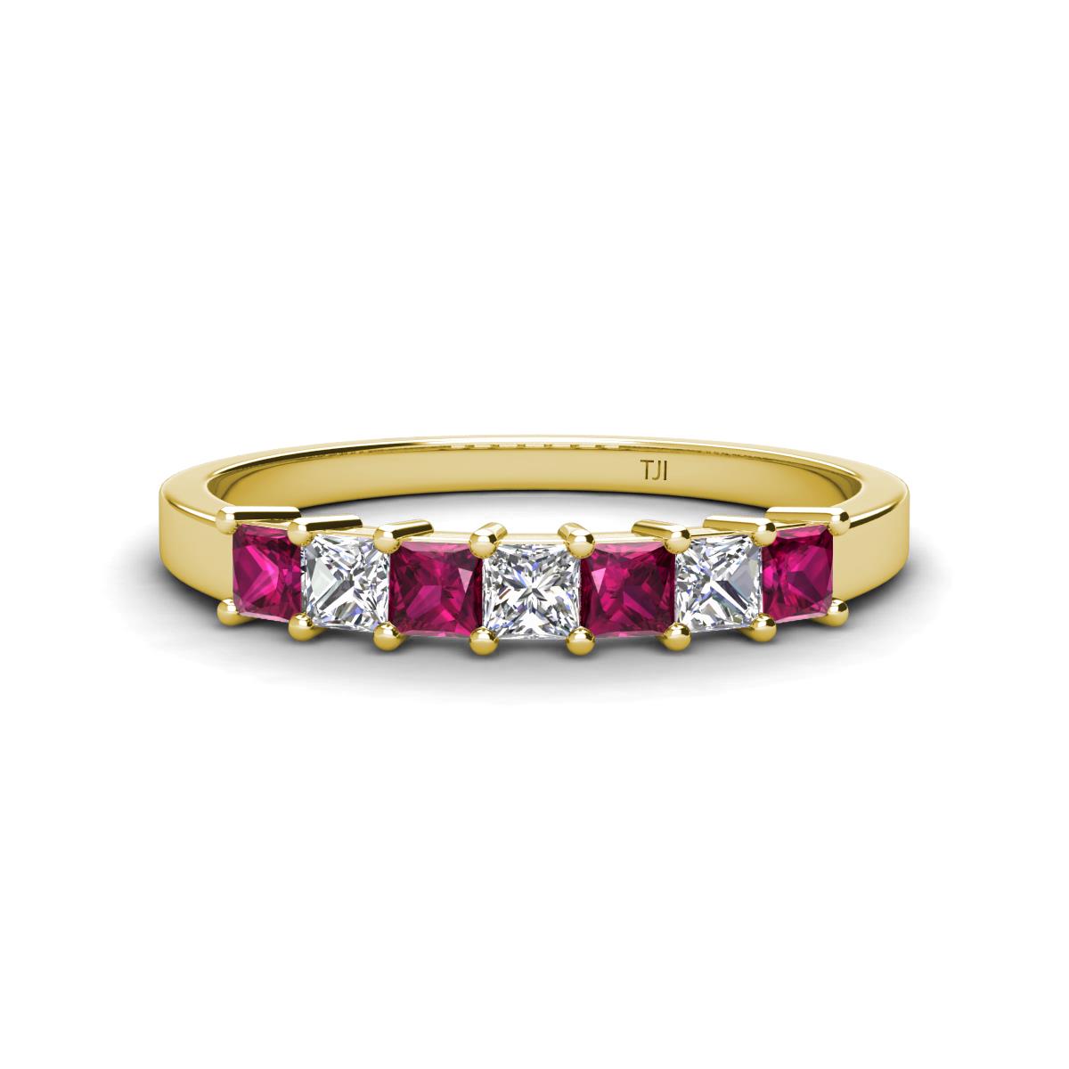 Erica 3.00 mm Princess Cut Rhodolite Garnet and Diamond 7 Stone Wedding Band 