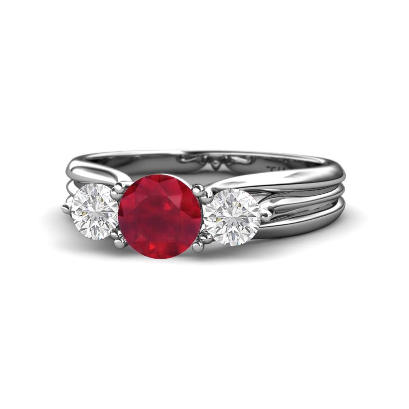 Alyssa Ruby and White Sapphire Three Stone Engagement Ring 