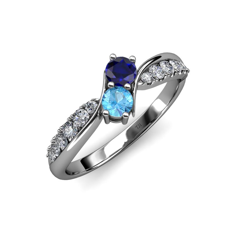 Nicia Blue Sapphire and Blue Topaz with Side Diamonds Bypass Ring 
