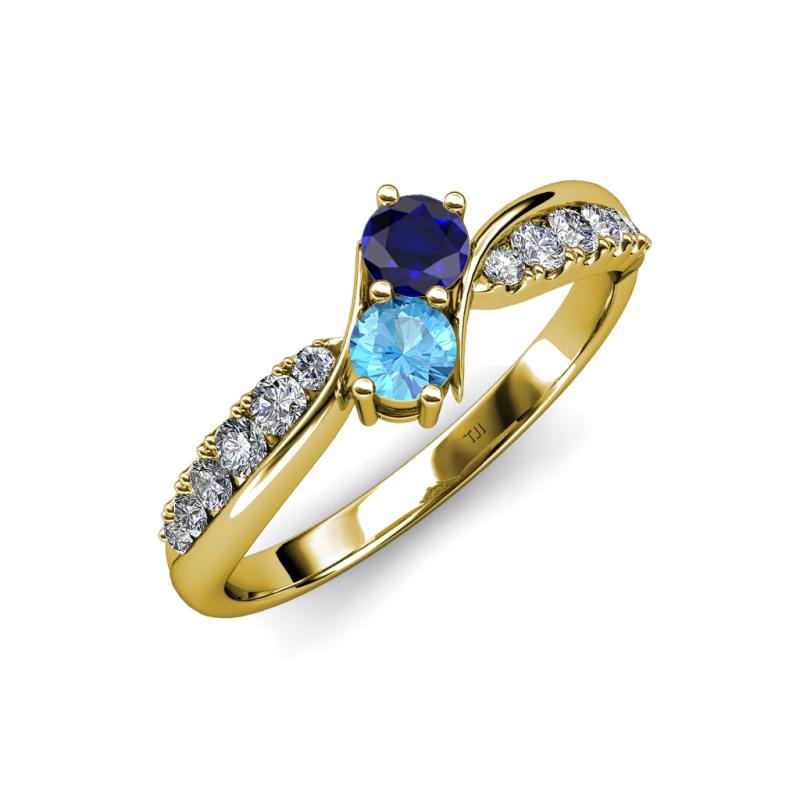 Nicia Blue Sapphire and Blue Topaz with Side Diamonds Bypass Ring 