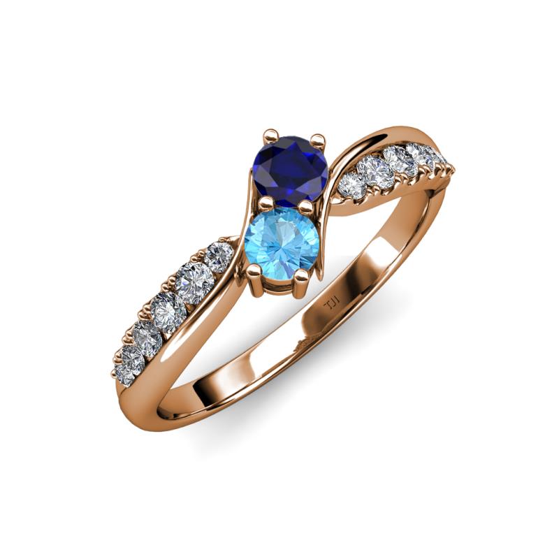 Nicia Blue Sapphire and Blue Topaz with Side Diamonds Bypass Ring 