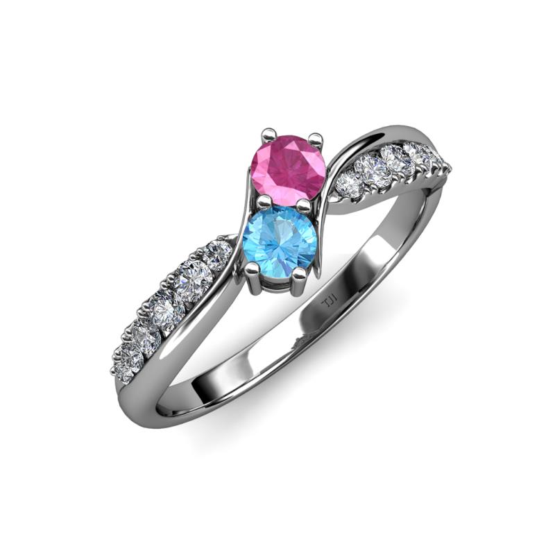 Nicia Pink Sapphire and Blue Topaz with Side Diamonds Bypass Ring 