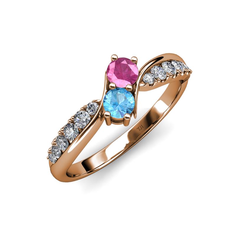 Nicia Pink Sapphire and Blue Topaz with Side Diamonds Bypass Ring 