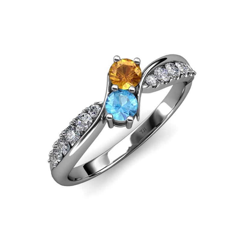 Nicia Citrine and Blue Topaz with Side Diamonds Bypass Ring 