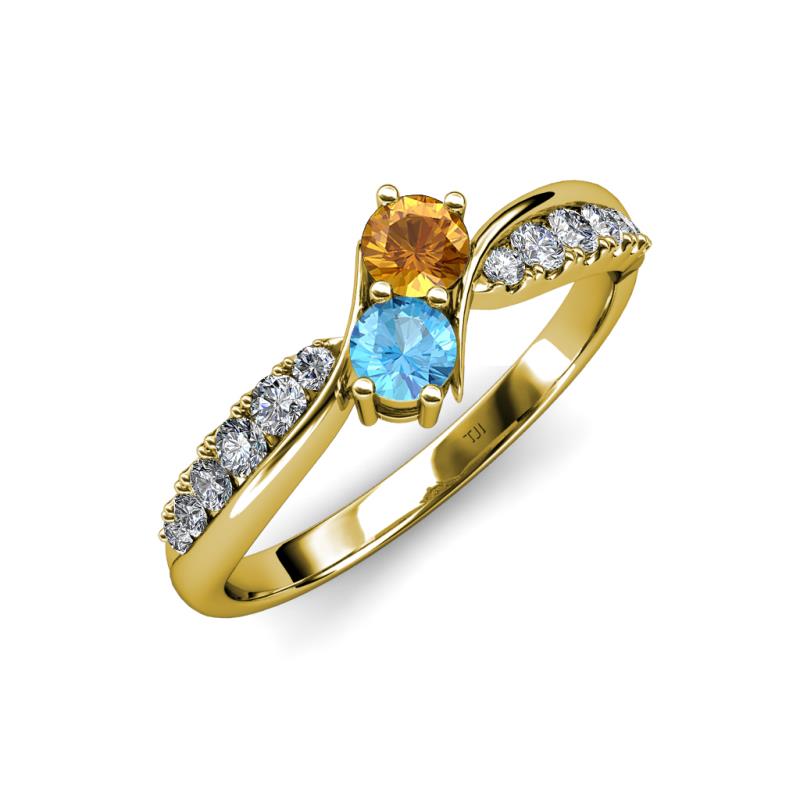 Nicia Citrine and Blue Topaz with Side Diamonds Bypass Ring 