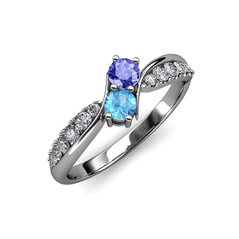 Nicia Tanzanite and Blue Topaz with Side Diamonds Bypass Ring 