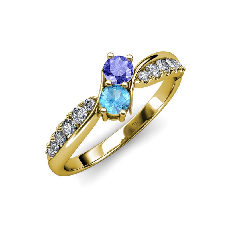Nicia Tanzanite and Blue Topaz with Side Diamonds Bypass Ring 