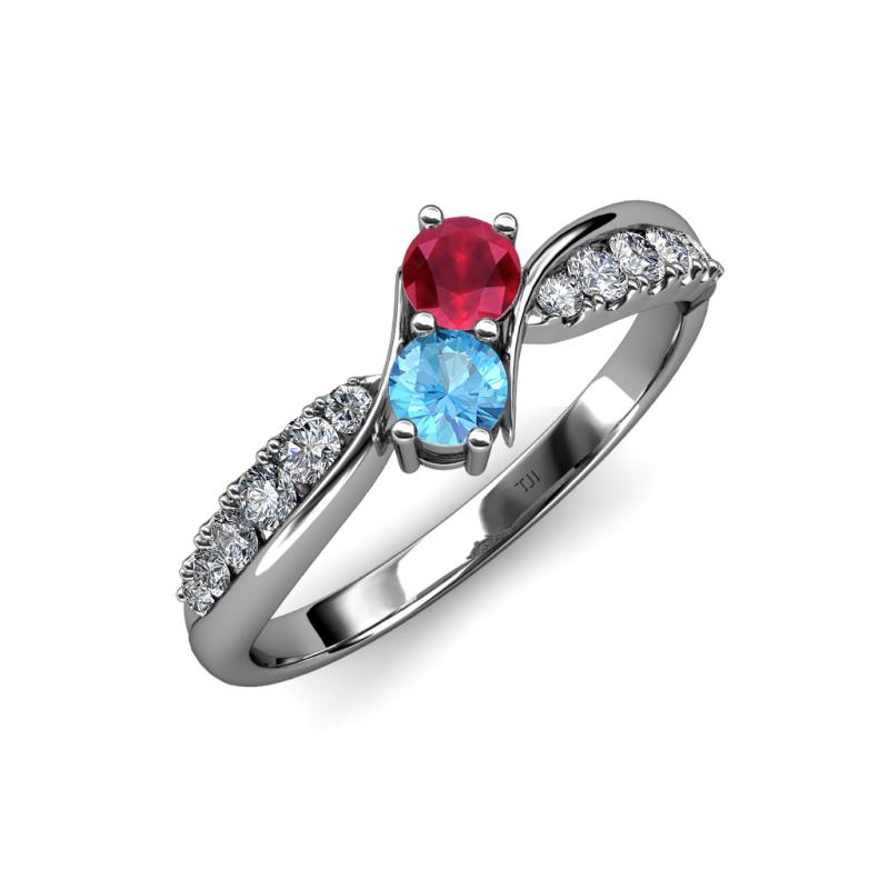 Nicia Ruby and Blue Topaz with Side Diamonds Bypass Ring 