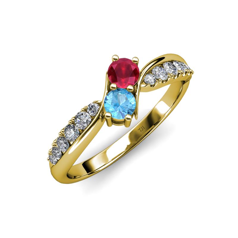 Nicia Ruby and Blue Topaz with Side Diamonds Bypass Ring 