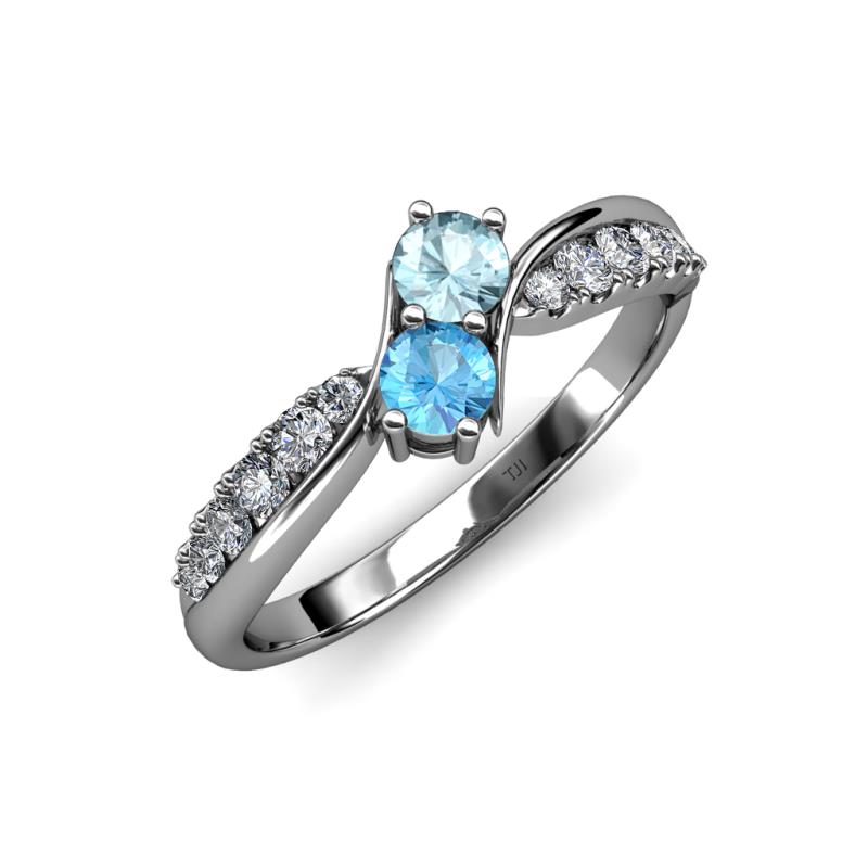 Nicia Aquamarine and Blue Topaz with Side Diamonds Bypass Ring 
