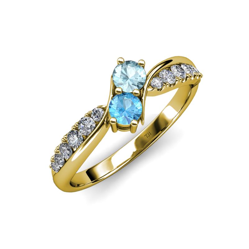 Nicia Aquamarine and Blue Topaz with Side Diamonds Bypass Ring 
