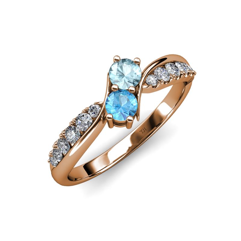 Nicia Aquamarine and Blue Topaz with Side Diamonds Bypass Ring 