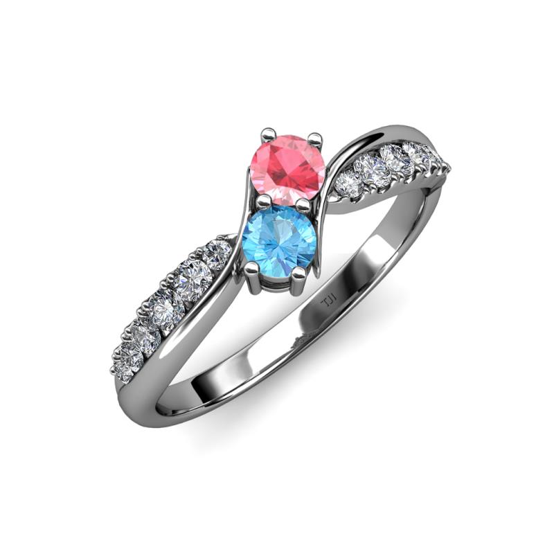 Nicia Pink Tourmaline and Blue Topaz with Side Diamonds Bypass Ring 