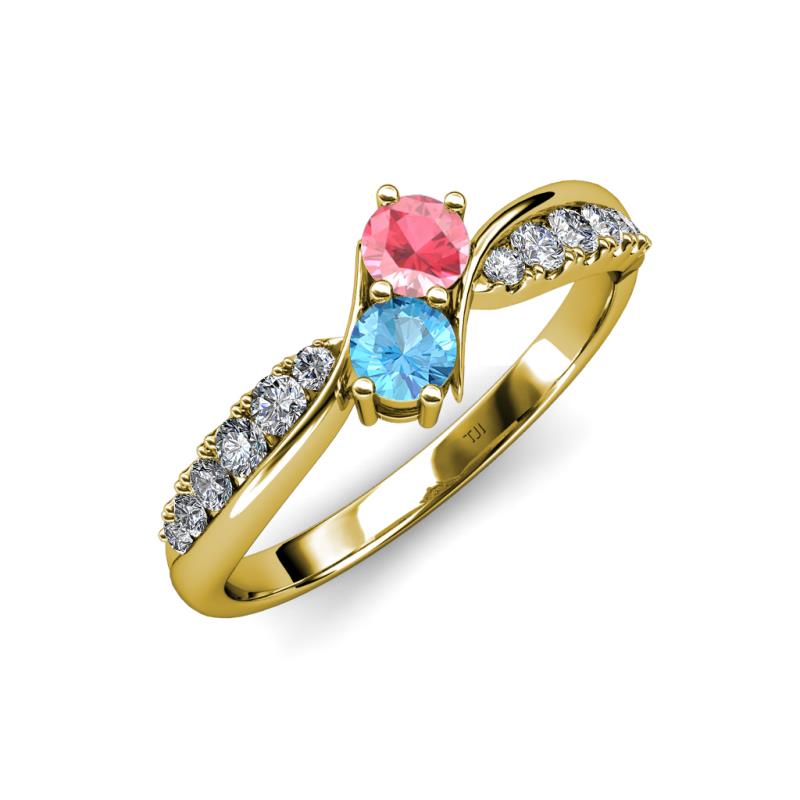 Nicia Pink Tourmaline and Blue Topaz with Side Diamonds Bypass Ring 