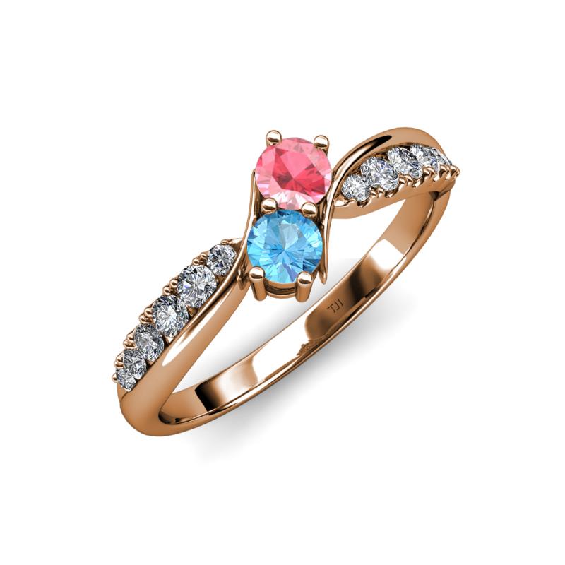 Nicia Pink Tourmaline and Blue Topaz with Side Diamonds Bypass Ring 
