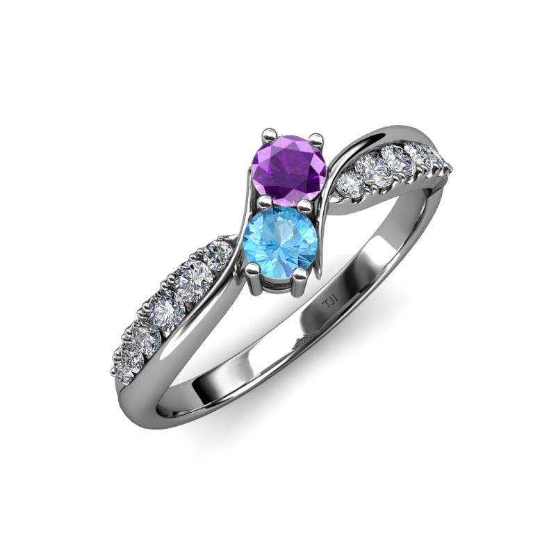 Nicia Amethyst and Blue Topaz with Side Diamonds Bypass Ring 