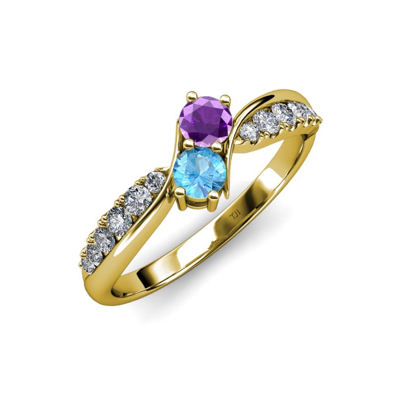 Nicia Amethyst and Blue Topaz with Side Diamonds Bypass Ring 