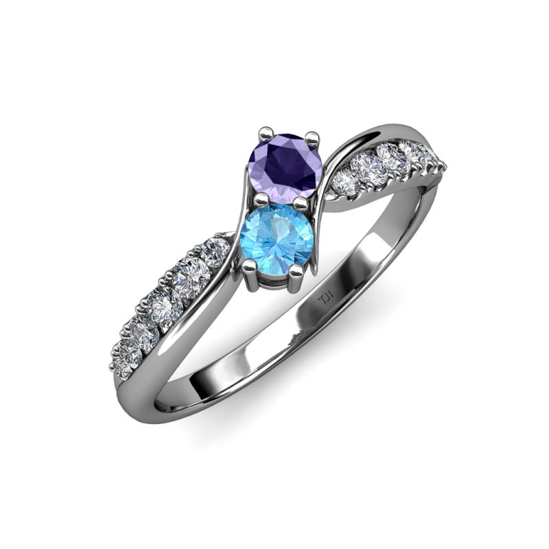 Nicia Iolite and Blue Topaz with Side Diamonds Bypass Ring 