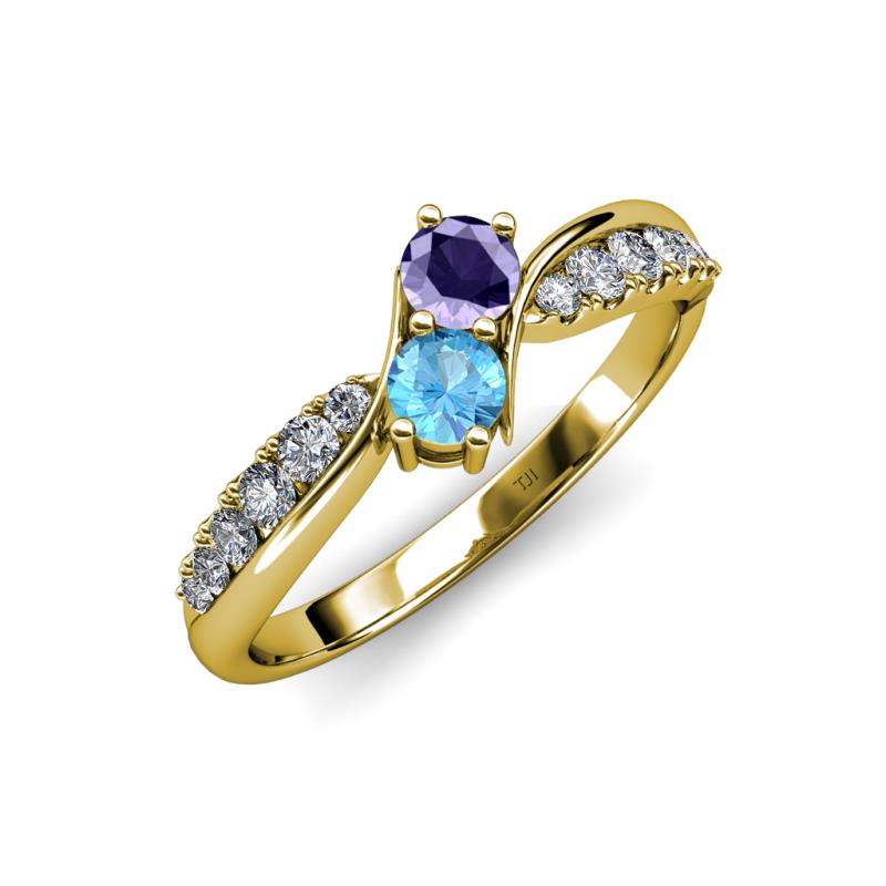Nicia Iolite and Blue Topaz with Side Diamonds Bypass Ring 