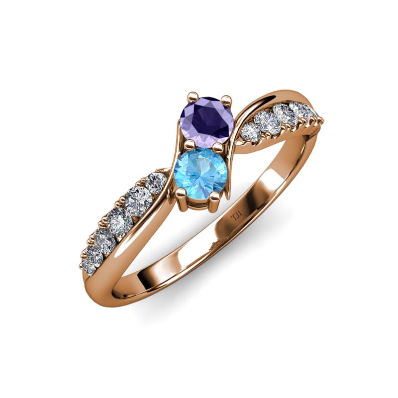 Nicia Iolite and Blue Topaz with Side Diamonds Bypass Ring 