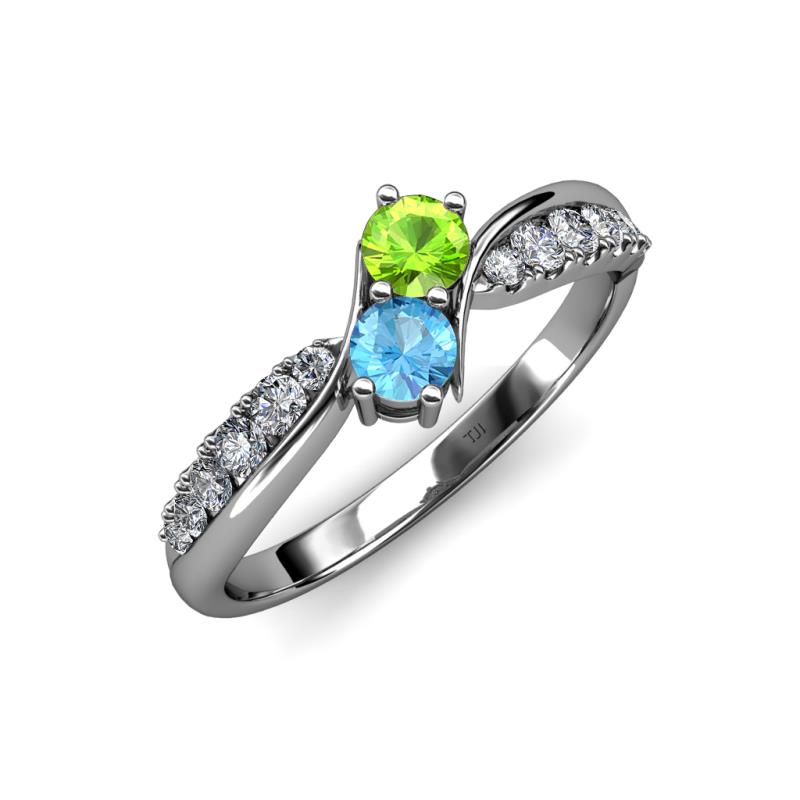 Nicia Peridot and Blue Topaz with Side Diamonds Bypass Ring 