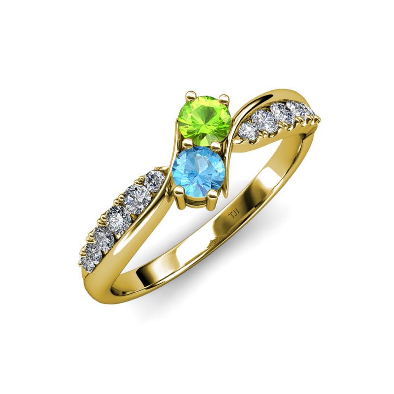Nicia Peridot and Blue Topaz with Side Diamonds Bypass Ring 