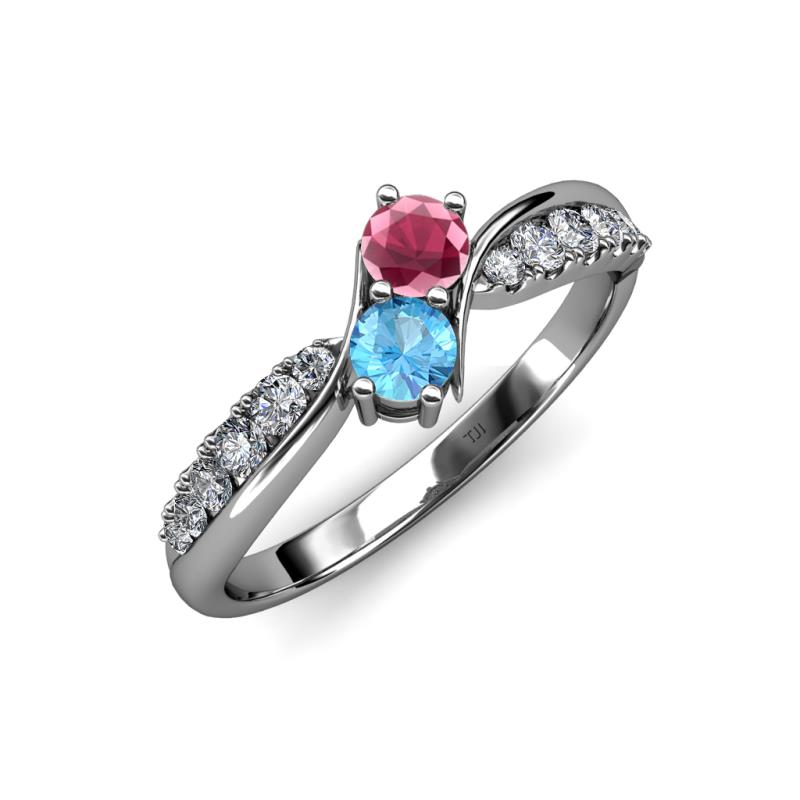 Nicia Rhodolite Garnet and Blue Topaz with Side Diamonds Bypass Ring 