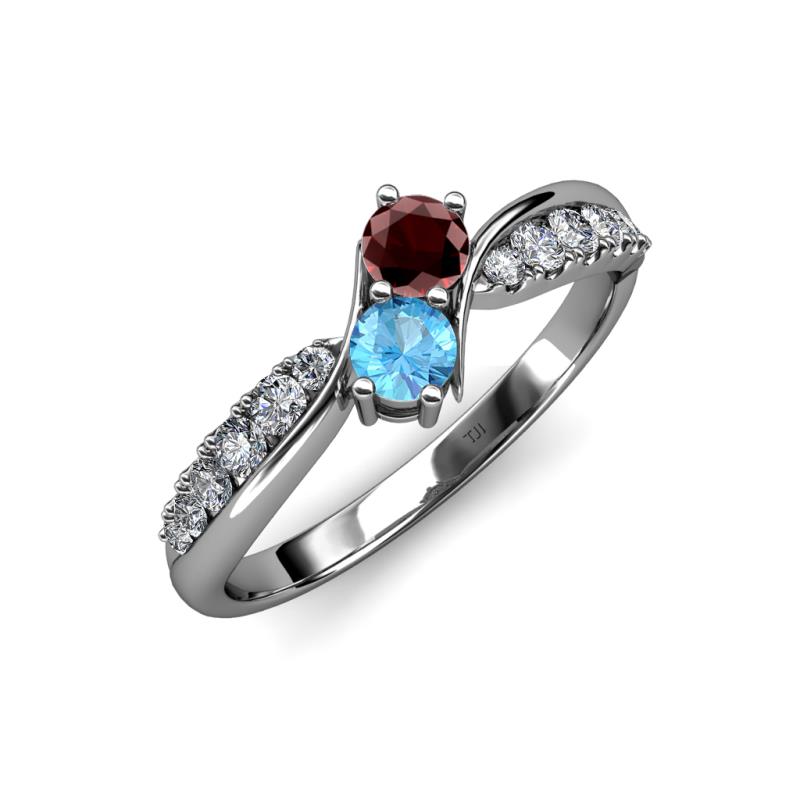 Nicia Red Garnet and Blue Topaz with Side Diamonds Bypass Ring 