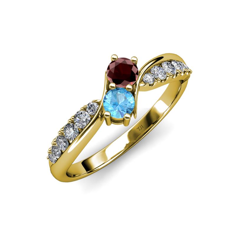 Nicia Red Garnet and Blue Topaz with Side Diamonds Bypass Ring 