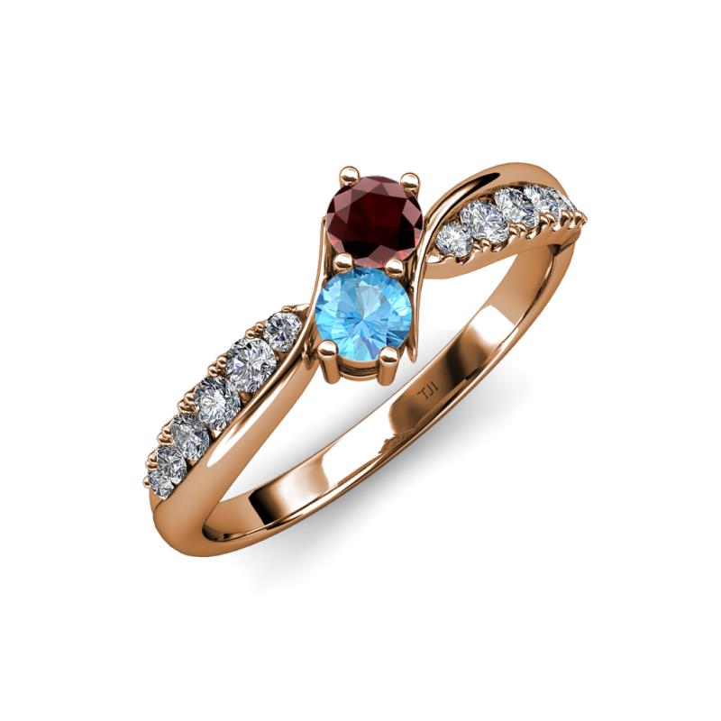 Nicia Red Garnet and Blue Topaz with Side Diamonds Bypass Ring 