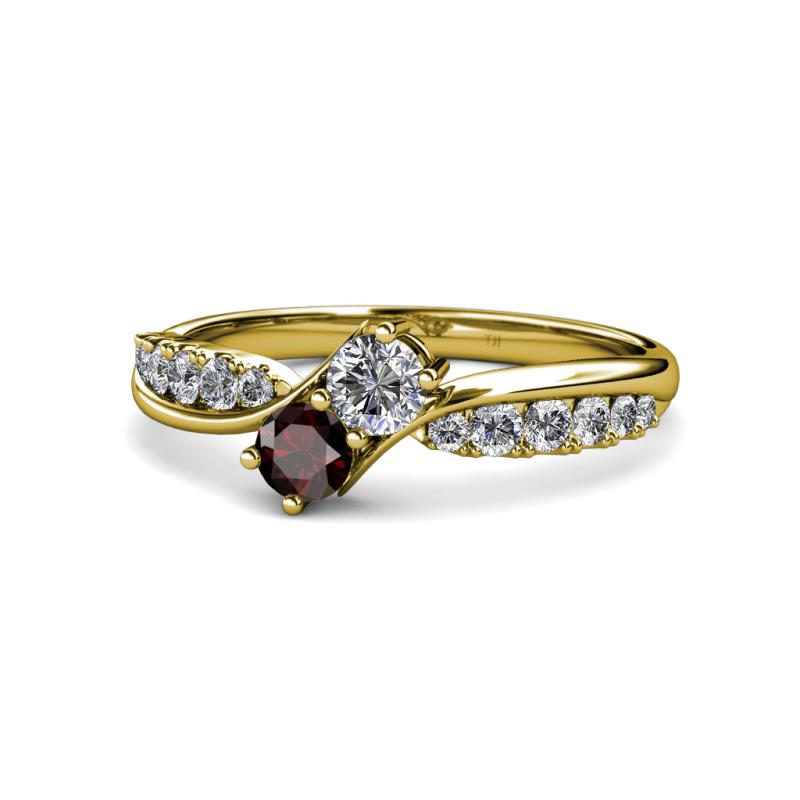 Nicia Diamond and Red Garnet with Side Diamonds Bypass Ring 
