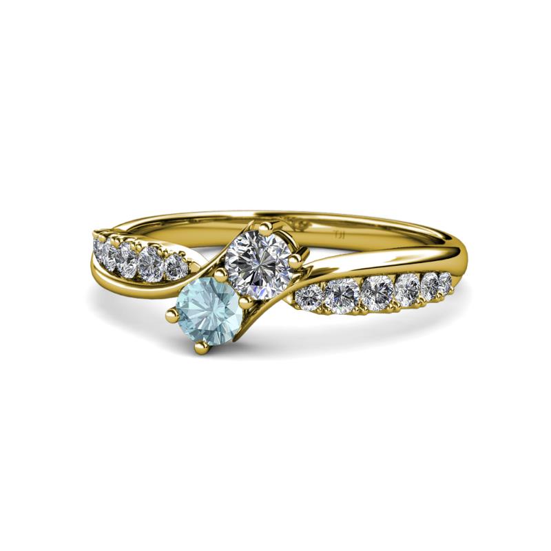 Nicia Diamond and Aquamarine with Side Diamonds Bypass Ring 
