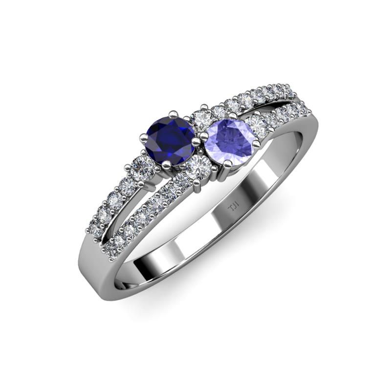 Zaira Blue Sapphire and Tanzanite with Side Diamonds Split Shank Ring 