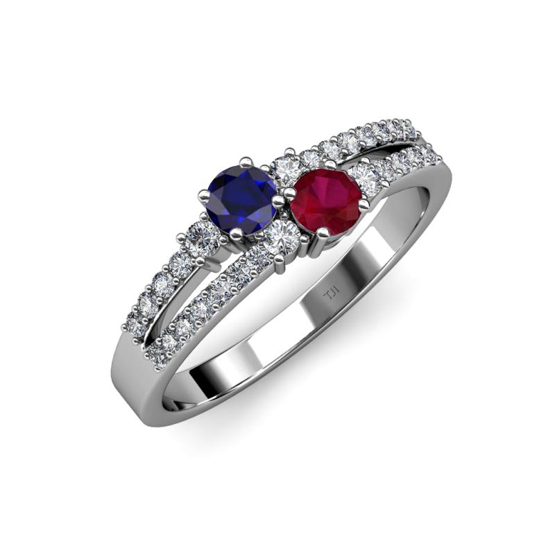 Zaira Blue Sapphire and Ruby with Side Diamonds Split Shank Ring 