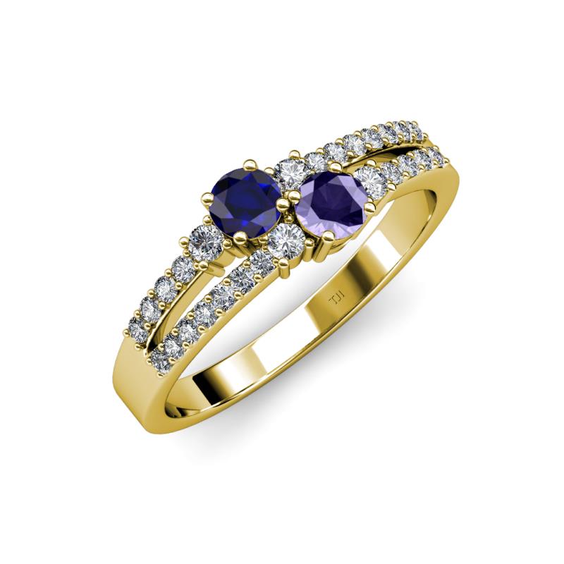 Zaira Blue Sapphire and Iolite with Side Diamonds Split Shank Ring 