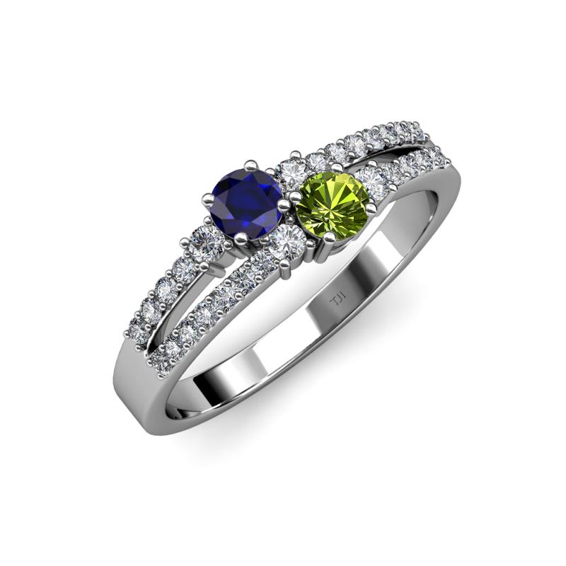 Zaira Blue Sapphire and Peridot with Side Diamonds Split Shank Ring 