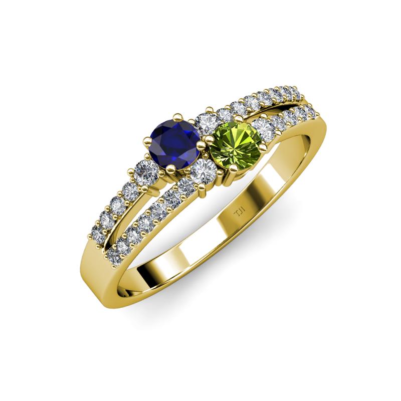 Zaira Blue Sapphire and Peridot with Side Diamonds Split Shank Ring 