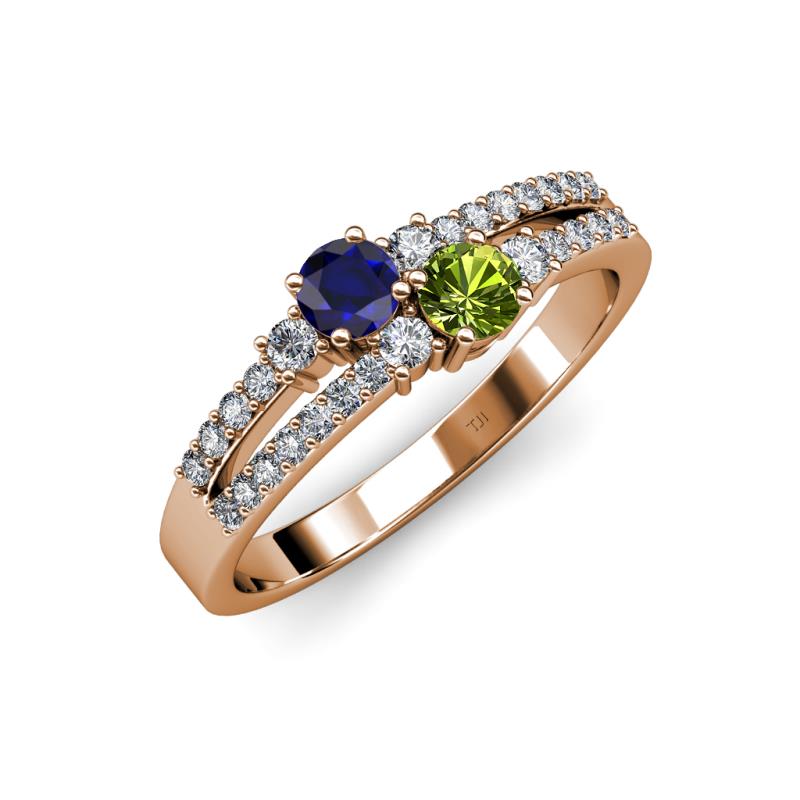 Zaira Blue Sapphire and Peridot with Side Diamonds Split Shank Ring 
