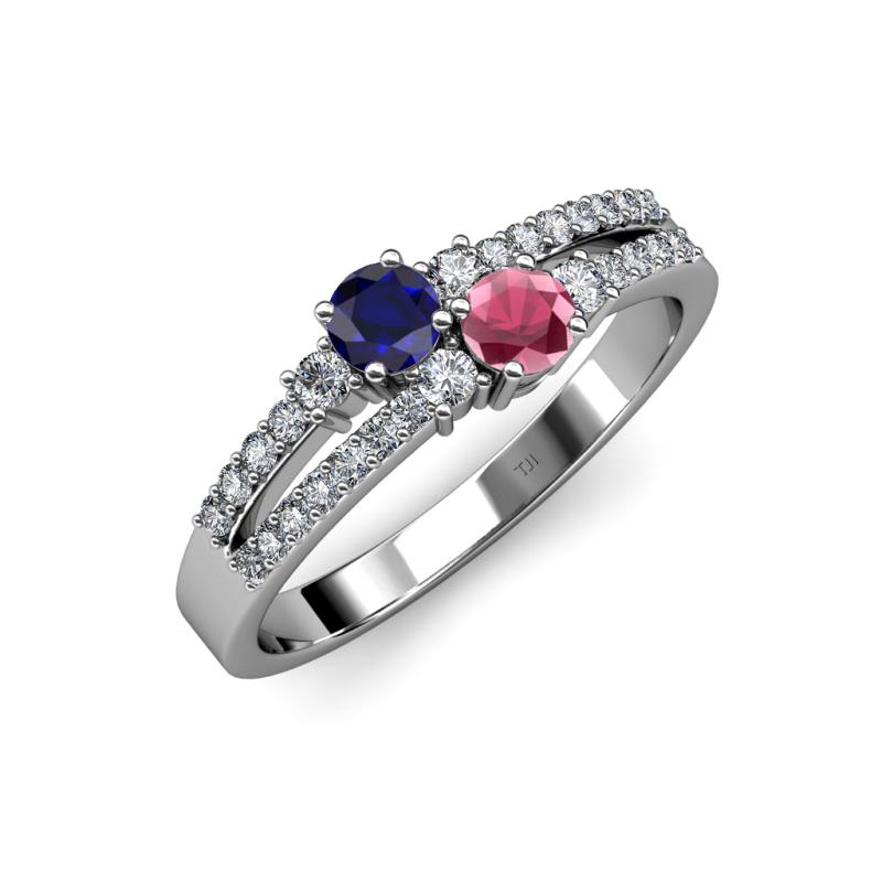 Zaira Blue Sapphire and Rhodolite Garnet with Side Diamonds Split Shank Ring 