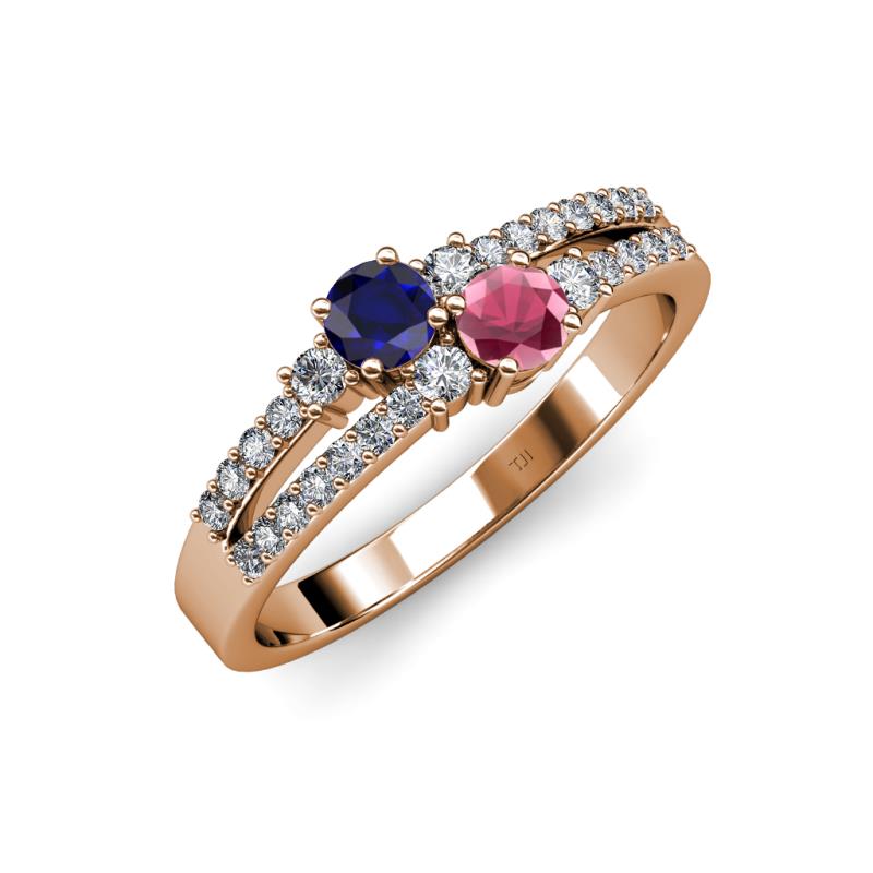 Zaira Blue Sapphire and Rhodolite Garnet with Side Diamonds Split Shank Ring 