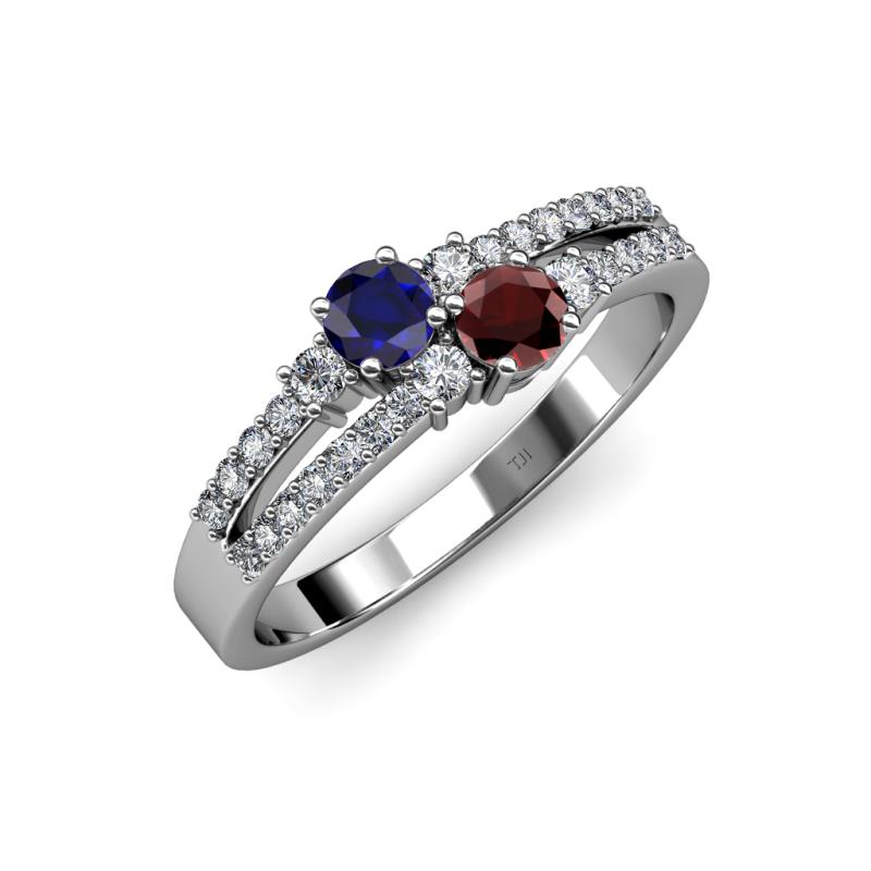 Zaira Blue Sapphire and Red Garnet with Side Diamonds Split Shank Ring 