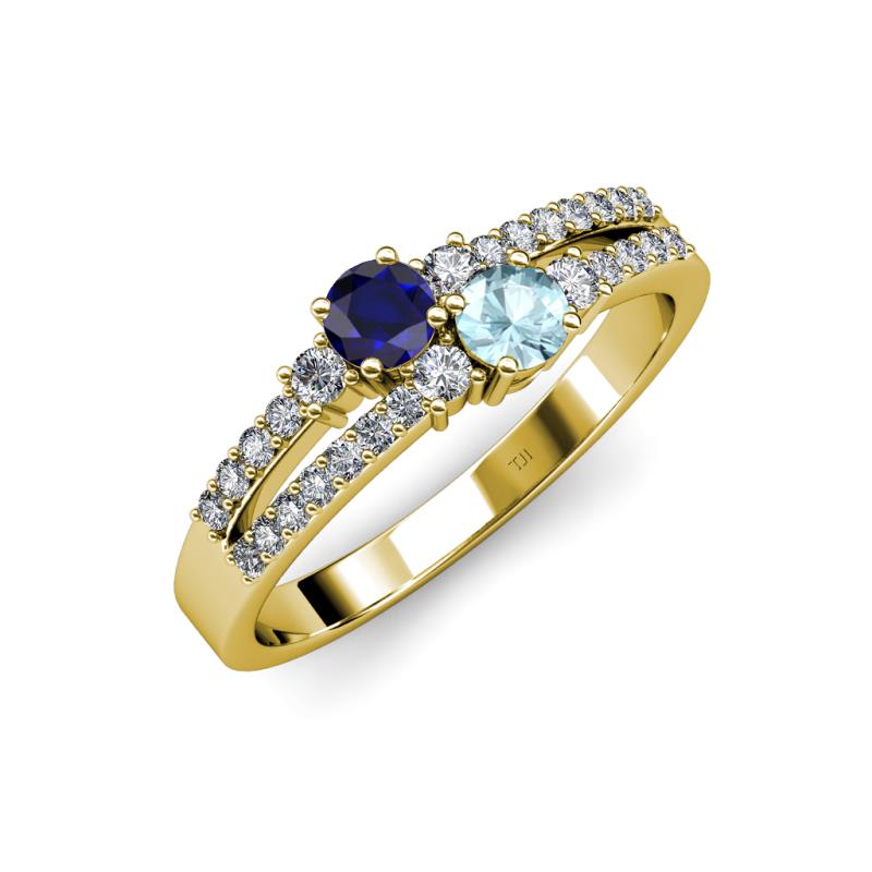 Zaira Blue Sapphire and Aquamarine with Side Diamonds Split Shank Ring 