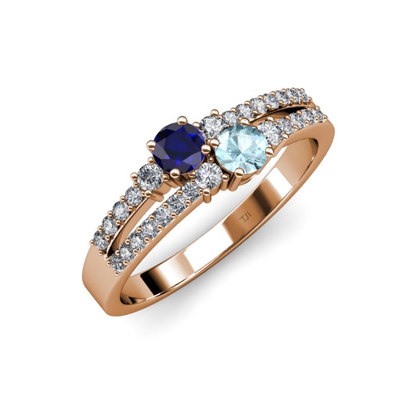 Zaira Blue Sapphire and Aquamarine with Side Diamonds Split Shank Ring 