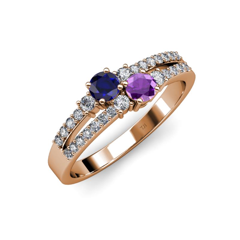 Zaira Blue Sapphire and Amethyst with Side Diamonds Split Shank Ring 