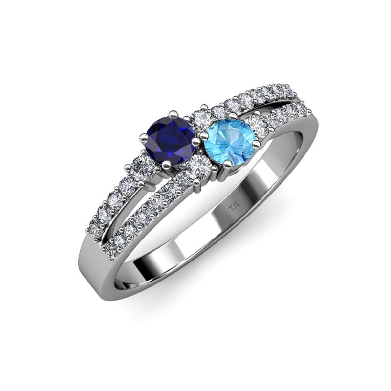 Zaira Blue Sapphire and Blue Topaz with Side Diamonds Split Shank Ring 