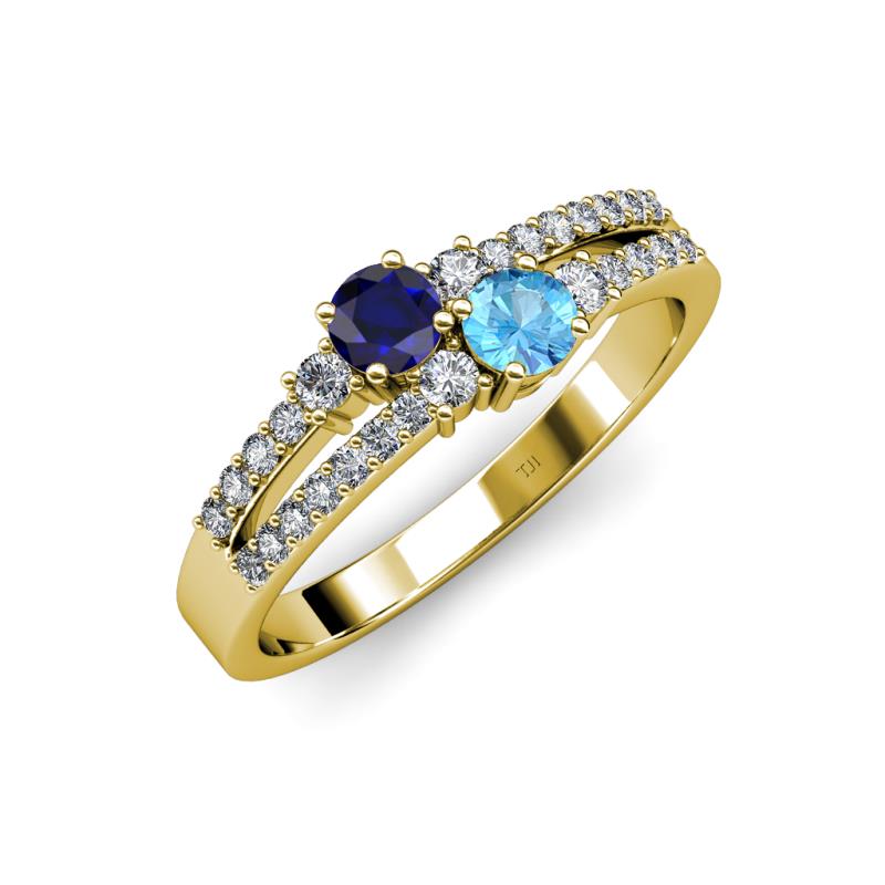 Zaira Blue Sapphire and Blue Topaz with Side Diamonds Split Shank Ring 