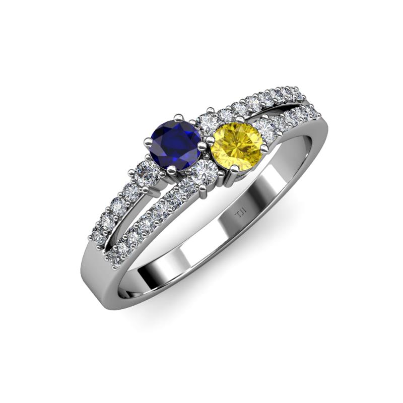 Zaira Blue and Yellow Sapphire with Side Diamonds Split Shank Ring 